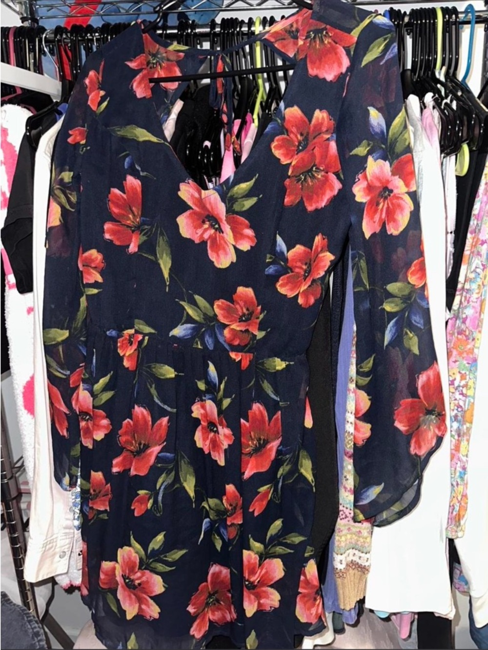 Hollister Navy Floral V-Neck Long Sleeve Dress Open Back